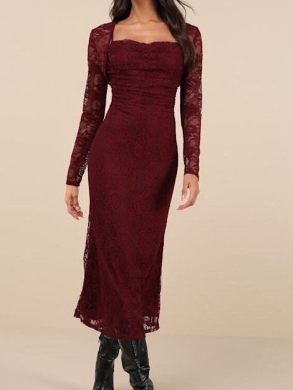 Lulus Certainly Iconic Burgundy Lace Midi Dress Shrug Set NWT M